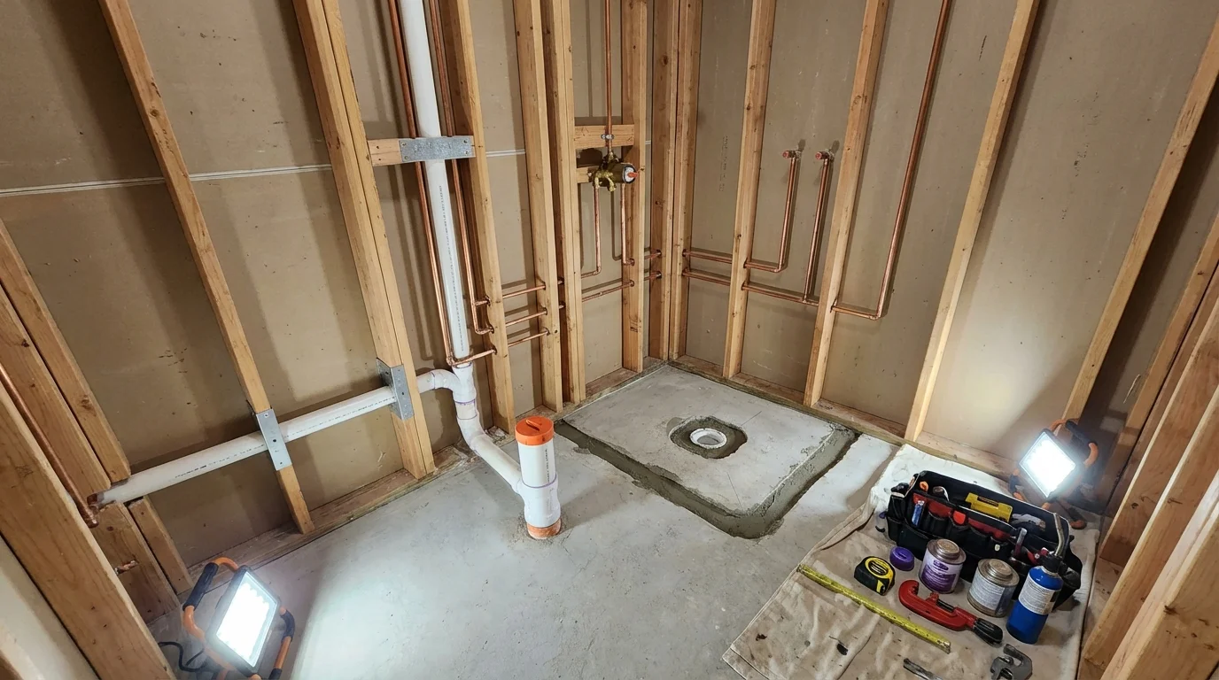 Bathroom rough-in plumbing during remodel by Johns Plumbing LLC in Freedom