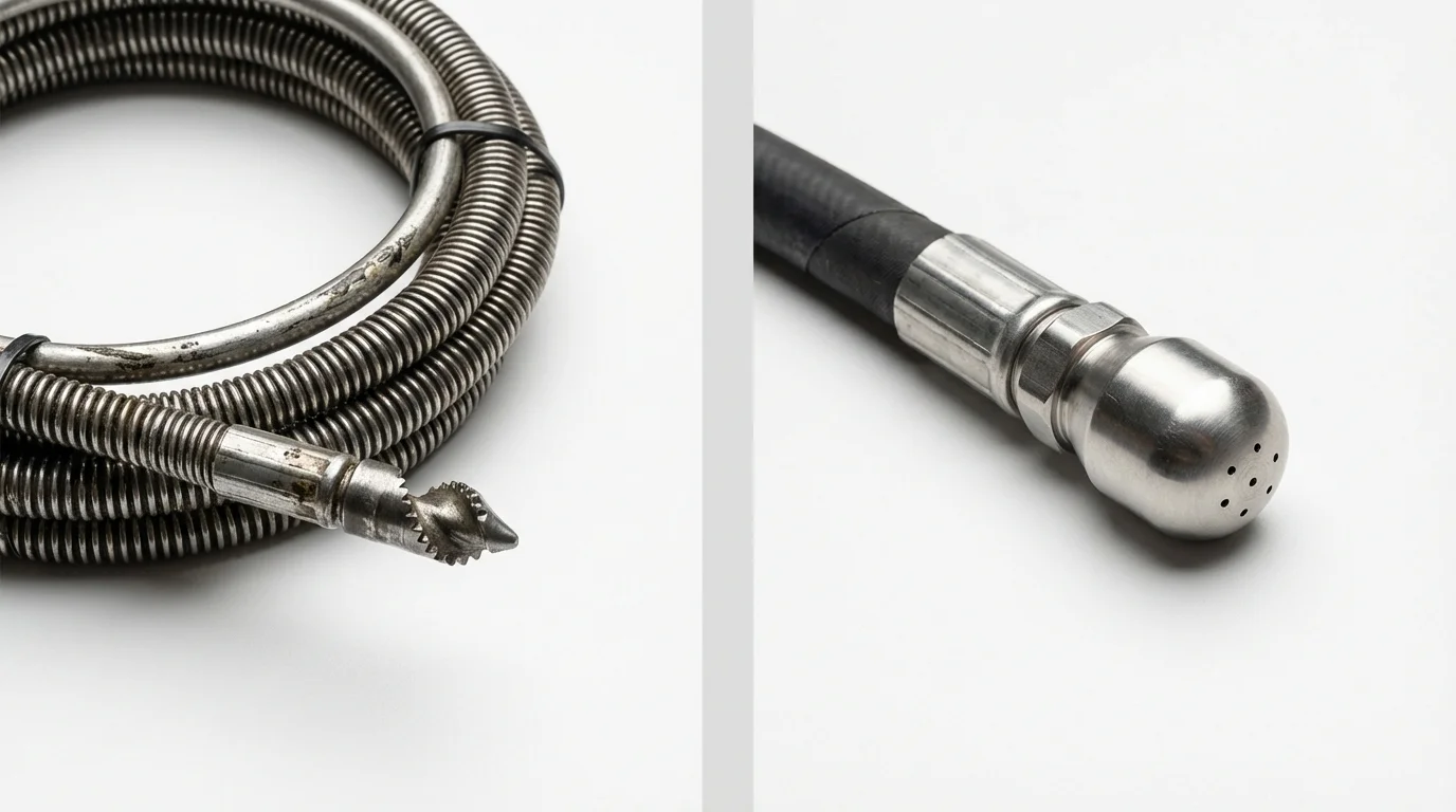Drain snake cable and hydro jetting nozzle used for drain cleaning in Freedom, CA