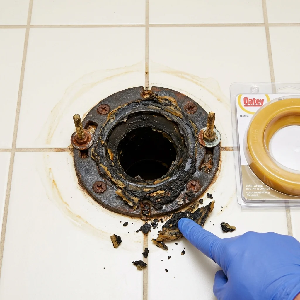 Failed wax ring showing water seepage at the base of a toilet in a Freedom, CA home
