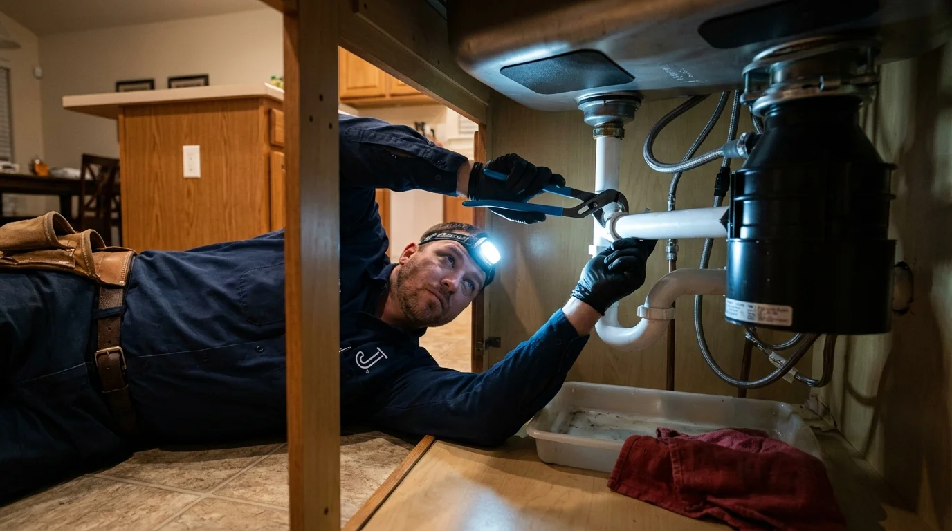 P-trap and supply line connections under a kitchen sink showing a common leak point in Freedom, CA